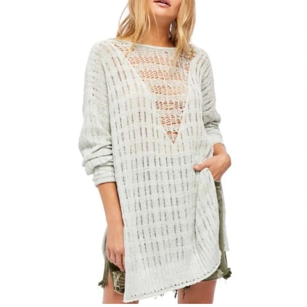 Free People Pretty in Pointelle Sweater Color: Blue | Size: S - Picture 1 of 6
